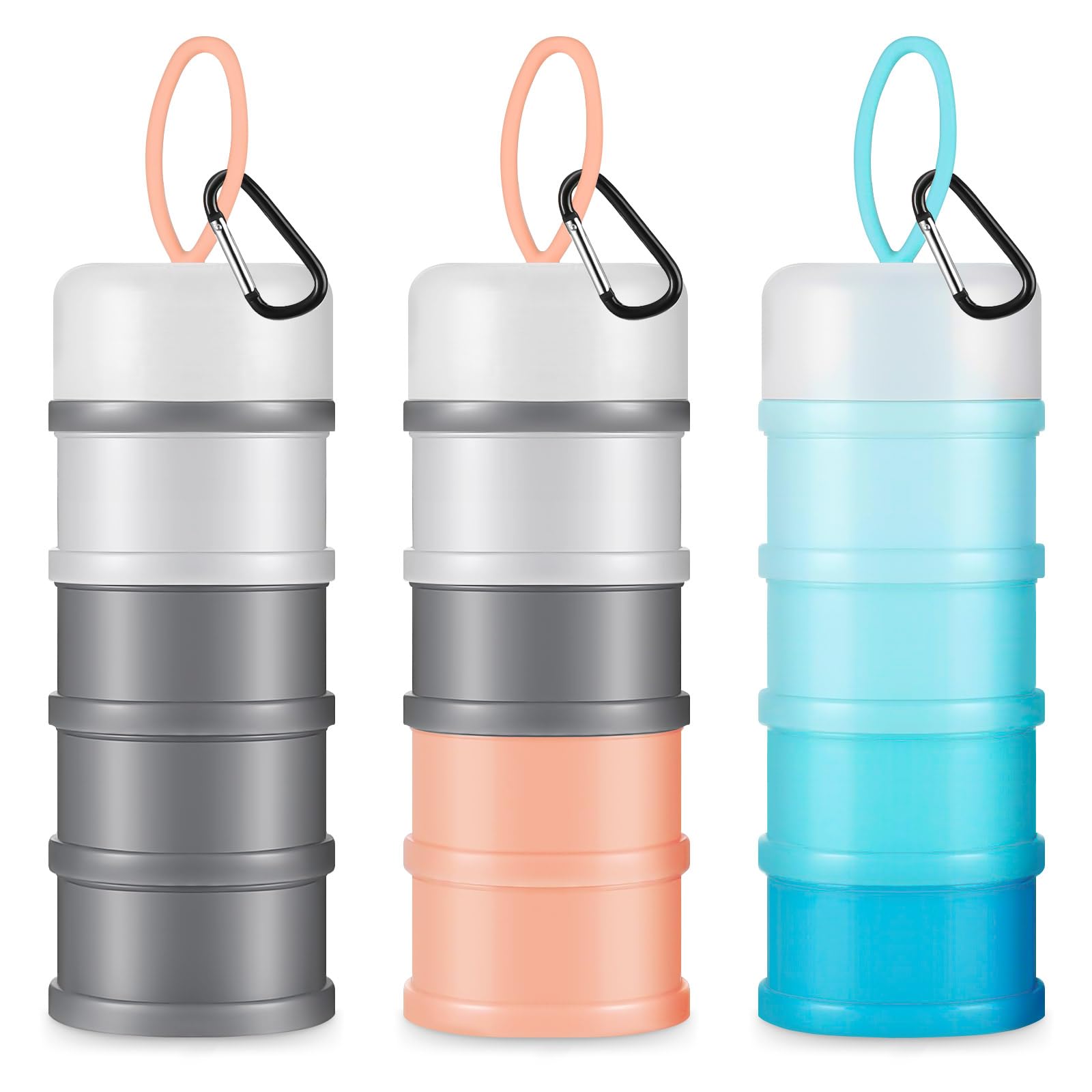 Photo 1 of 3 Pcs Protein Powder Travel Container 4-Layer Stackable Formula Container to Go Rotationally Locked Protein Powder Storage Container with Carabiner Key Formula Dispenser on The Go for Travel, Fitness
