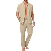 JMIERR Men's Short Sleeve Shirt and Pants Set Summer Outfit | Lightweight, Button Down Short Sleeve Shirt, Long Pants, Regular Fit, Elastic Drawstring Waist, Vacation Beach Outfit