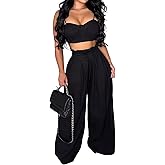 Molisry Women's 2 Piece Outfits Casual Spaghetti Strap Bra Top High Waisted Long Straight Wide Leg Pants Lounge Sets Fall