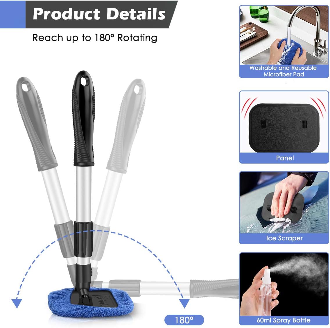 AstroAI Car Window Cleaner, 4 Microfiber Pads, Windshield Cleaning Tool with Telescopic Handle Auto Inside Glass Wiper Kit, Blue: Automotive