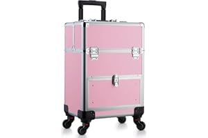 OUDMAY Makeup Case - Aluminum Professional Rolling Cosmetic Storage Box With Drawer and Locks Pink