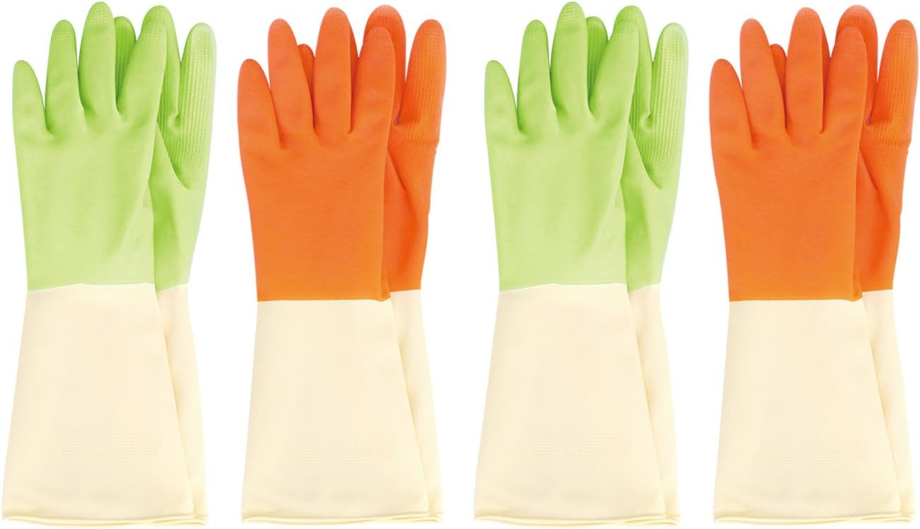 MJ 4 Pairs Triple Coating Durable Rubber Latex Two Tone Cleaning Wash Gloves L