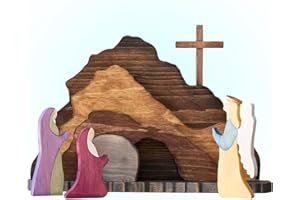 FGGII 2024 Wood encolor Easter Jesus Nativity Scene Decor， Easter Resurrection Scene Set， Easter Cross Empty Tomb StatueReligious Decorations (1 Set)