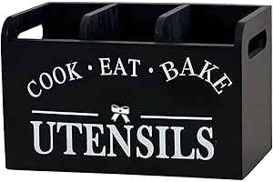 Kitchen Utensils Holder, Wooden Black Utensil Holder with 3 Compartments, Rustic Kitchen Countertop Organizer with Handle