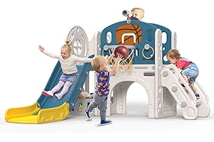 BIERUM 9 in 1 Toddler Slide, Kid Slide for Toddlers Age 1-3 with Ring Toss, Basketball Hoop, and Telescope, Indoor Outdoor Playset Playground Blue Yellow