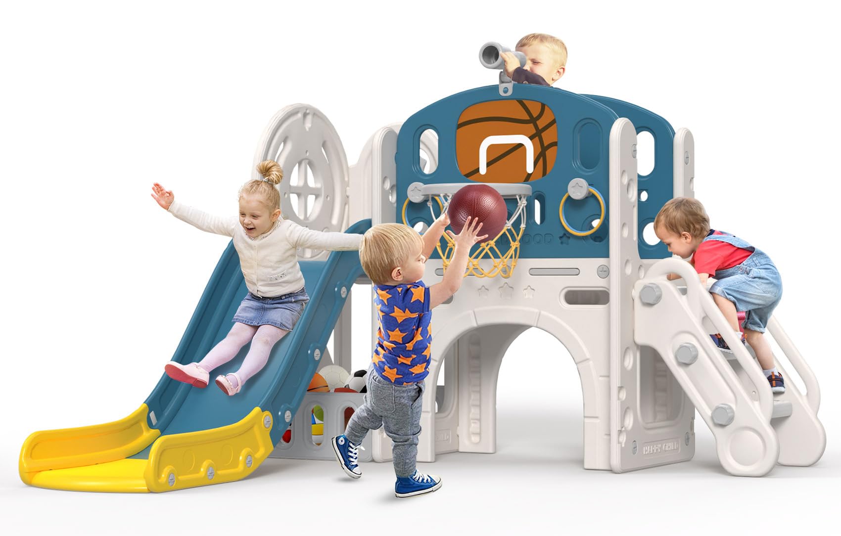 Photo 1 of BIERUM 9 in 1 Toddler Slide, Kid Slide for Toddlers Age 1-3 with Ring Toss, Basketball Hoop, and Telescope, Indoor Outdoor Playset Playground Blue Yellow