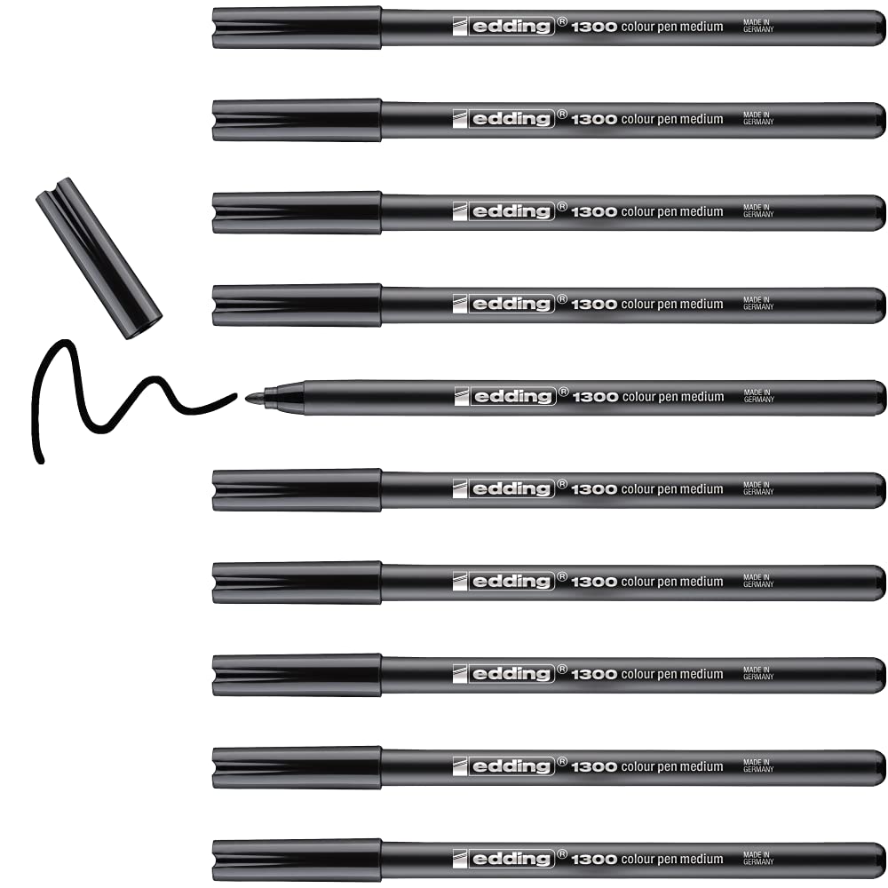edding 1300 colour pen medium - black - 10 pens - round nib 2 mm - felt pen for drawing and writing - felt pen for school, mandalas, bullet journals