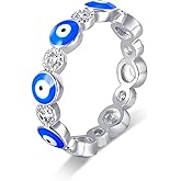 MDFUN Evil Eye Ring for Women, 18K White Gold Plated Cubic Zirconia Stackable Band Ring, Evil Eye Trendy Lucky Jewelry, Engagement Wedding Birthday Gift for Women Men, Size 5-10
