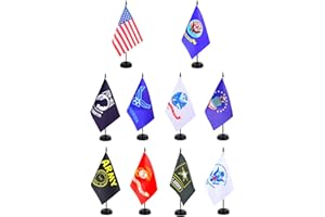 JBSJBS Military Desk Flag Set 12" Solid Pole Deluxe Set Army Flags Mini Small Armed Forces Office Table Flags with Black Stand Base for Memorial Day Veterans Day US Fourth of July Decorations(10Pack)