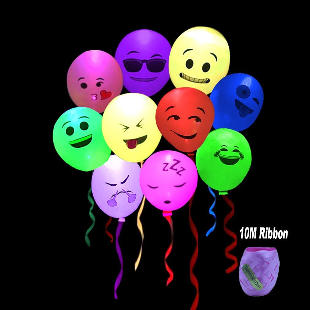 LED Party Balloons with Assorted Emoji Flashing Colors Light 10 Pack for Kids Birthday Christmas Festival Decorations