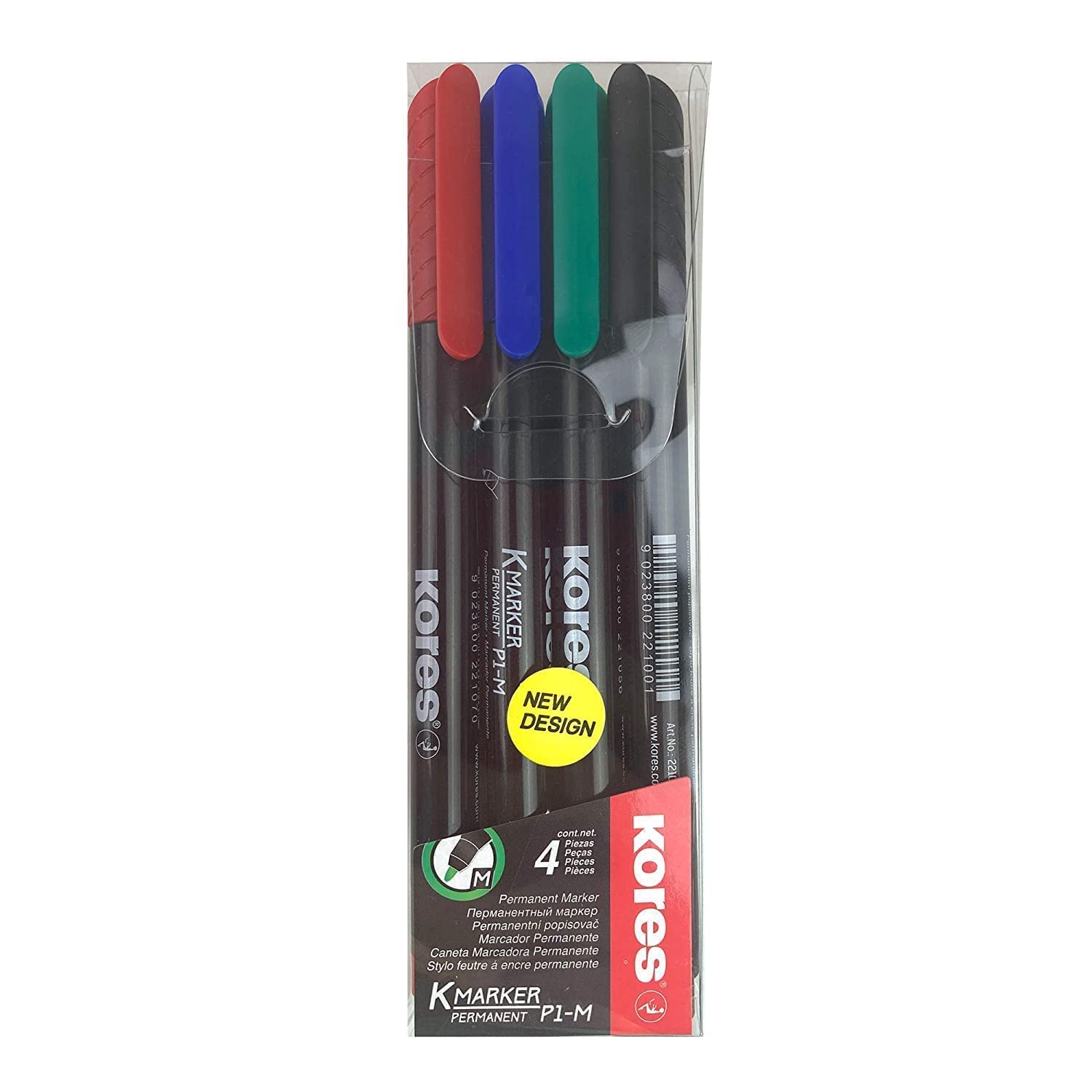 Kores - Coloured Permanent Marker Pens - K-Marker P1, Fine Fibre Tip with Low-Odour Ink - Waterproof Marker Pens for All Surfaces - Back to School Supplies, Office Supplies - Pack of 4