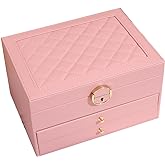 GUOER Jewelry Box for Women Girl Wife 3 Layers Large PU Leather Jewelry Organizer Storage Case with Two Layers Display for Earrings Bracelets Rings Watches PINK