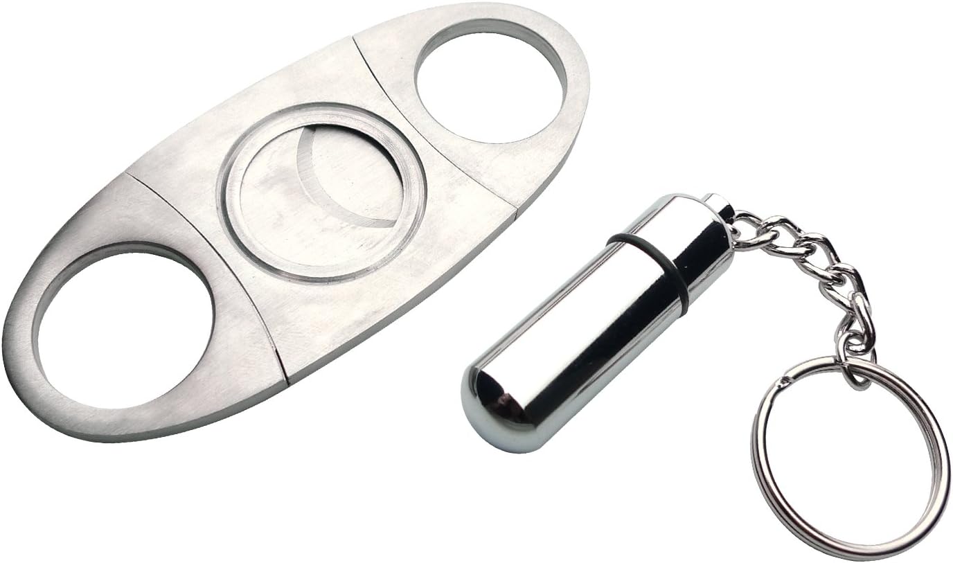 2in1 Bundle Silver Stainless Steel Cigar Cutter + Cigar Punch Key Chain