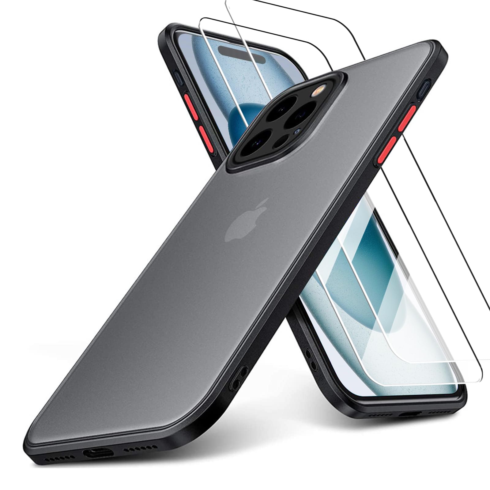 KIOMY Case for iPhone 16pro with 2pcs HD Tempered Glass Screen Protectors, Translucent Matte Protection Cover with Soft Edge, Hard PC Back and TPU Frame Hybrid Anti Yellow Slim fit Shell, 6.3 '' Black