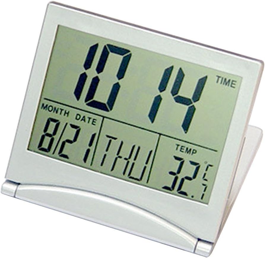 Portable Travel Folding LCD Display Electronic Digital Desk Table Alarm Clock Calendar Thermometer Silver