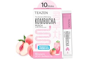 TEAZEN Peach Kombucha Tea, Hydration Drink Mix, Sugar Free, Live Probiotics & Prebiotics, 10 Sticks, 1.76oz