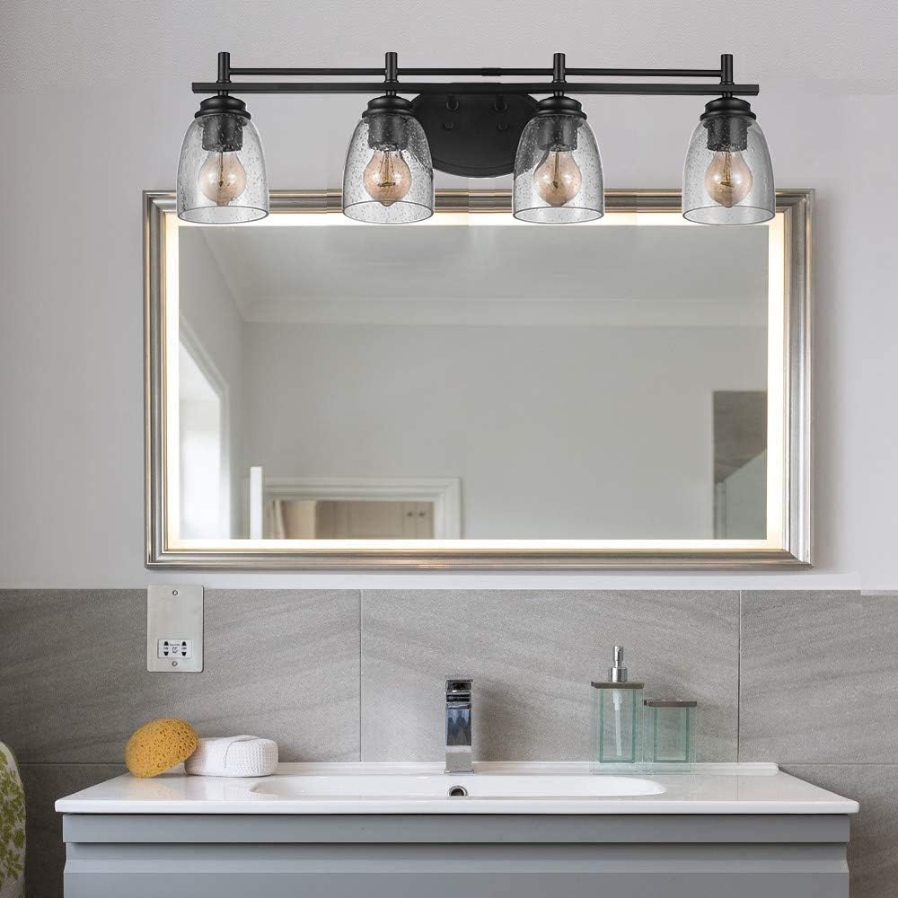 Jinzo Farmhouse 30" Bathroom Vanity Light Fixture 4-Lights Matte Black with Clear Seeded Glass, Up/Down Use - - 