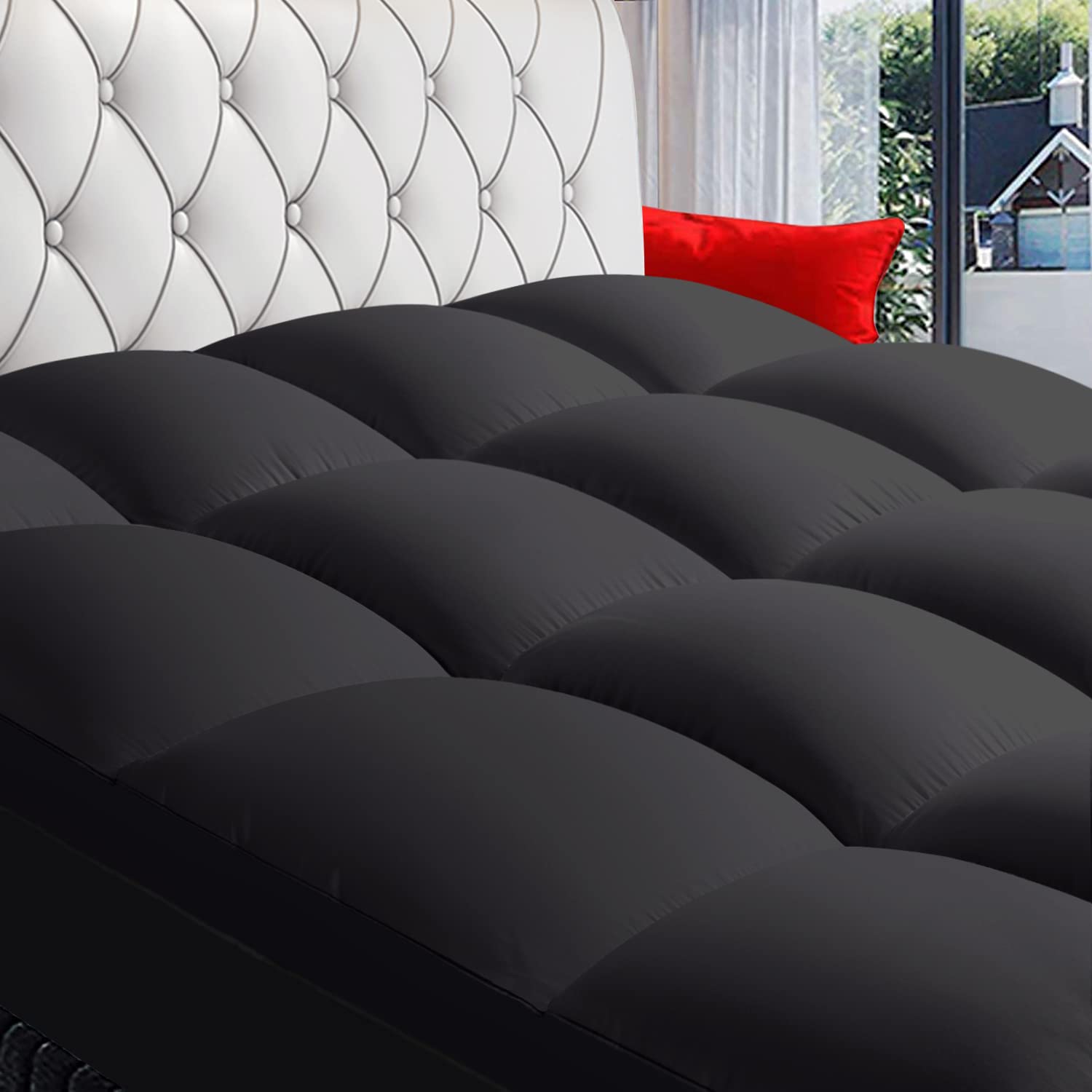 Photo 1 of COONP Queen Mattress Topper, Extra Thick Pillowtop, Cooling Plush Mattress Pad Cover Bed Topper Protector with 8-21 Inch Deep Pocket (Black, Queen)