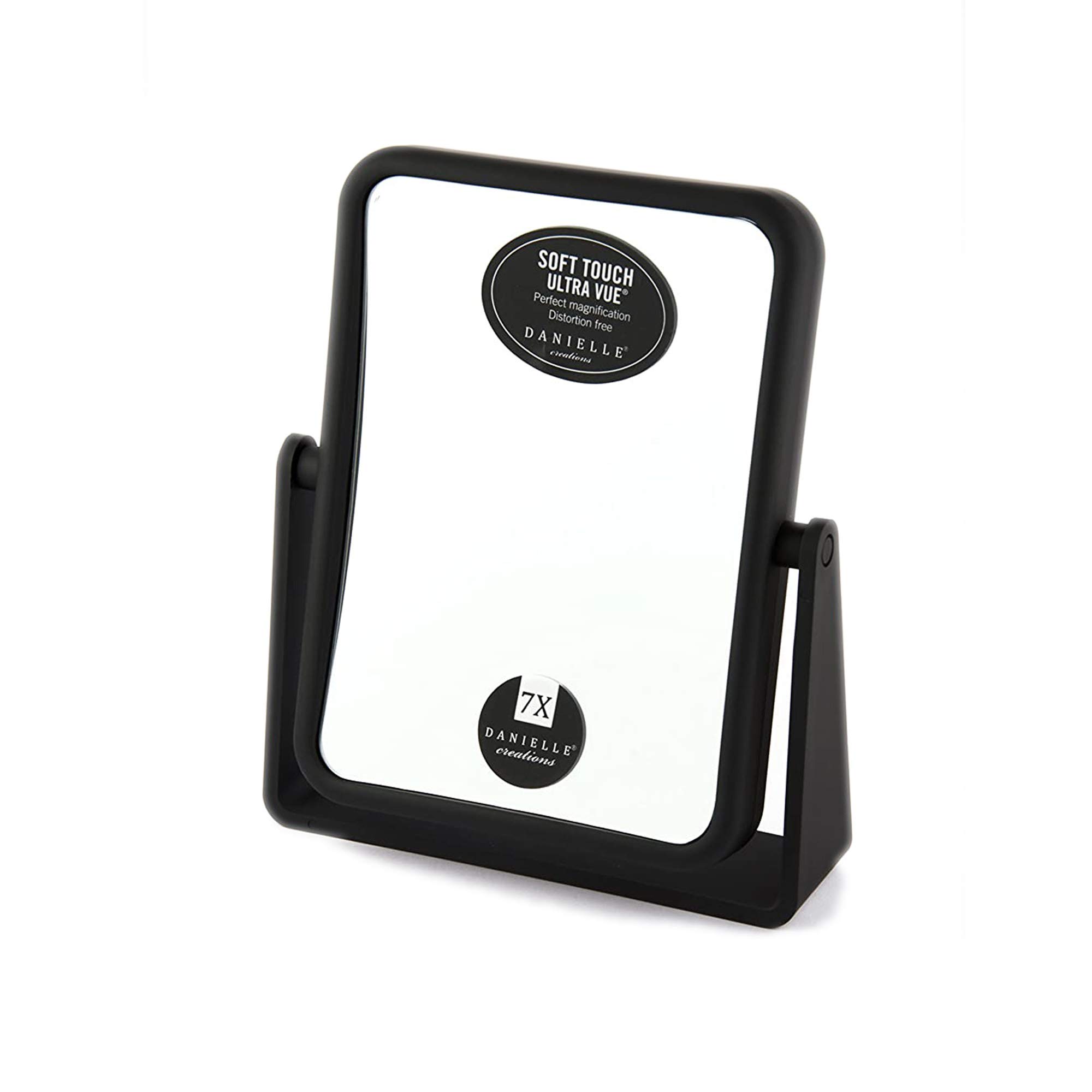 Danielle Creations 6.75-Inch Magnifying Vanity Makeup Mirror Rectangular Soft Touch Finish with 7X Magnification and 360 Swivel, Black