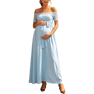 Yissang Maternity Off Shoulder Maxi Gown Baby Shower Photoshoot Lace Dress | Floral lace off shoulder maternity gown, short s