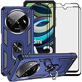 LosruGir for Xiaomi Redmi A3 Case with Glass Screen Protector[2 Pack], Hybrid Heavy Duty Dual Layer Anti-Scratch Shockproof Defender Kickstand Armor Case Cover,Blue