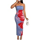 GORGLITTER Women's Tropical Floral Y2K Strapless Bodycon Maxi Dress Summer Hawaiian Wedding Guest Cocktail Sun Dresses