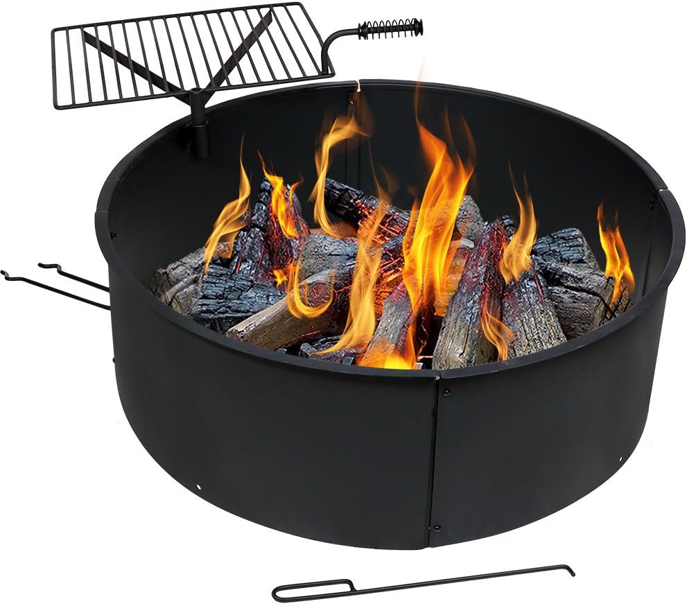 Amazon Com Sunnydaze Wood Burning Fire Pit Campfire Ring With Cooking Grate And Fire Poker 36 Inch Outdoor Camping Firepit Heavy Duty 2mm Thick Steel Bbq Grill Sunnydaze Decor Garden Outdoor
