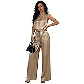 OYOANGLE Women's 2 Pieces Outfits Metallic Cami Top and Loose Wide Leg Pants Party Lounge Sets