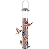 MIXXIDEA Metal Wild Bird Feeder, Squirrel Proof, Hanging 6 Port Tube Transparent Finch Feeder for Attracting Birds in Lawn, Garden, Balcony - Gray