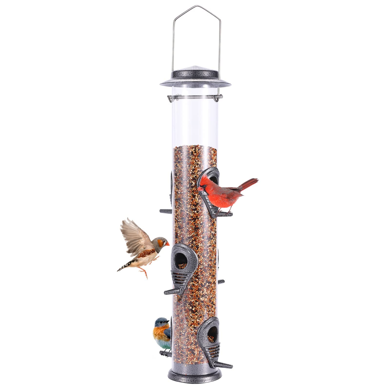 Photo 1 of MIXXIDEA Metal Wild Bird Feeder, Squirrel Proof, Hanging 6 Port Tube Transparent Finch Feeder for Attracting Birds in Lawn, Garden, Balcony - Gray