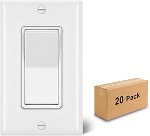 [20 Pack] BESTTEN Single Pole Decorator Wall Light Switch with Wall Plate, 15A 120/277V, On/Off Rocker Paddle Interrupter, UL Listed, White
