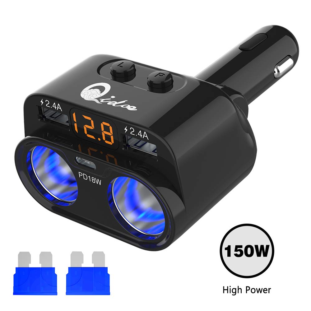 150W Cigarette Lighter Adapter, 12V/24V DC 2 Socket Splitter Multi Power Outlet PD Type C USB Car Charger with LED Voltmeter Switch 6.8A Dual USB Port for iPhone iPad Android Samsung GPS Dashcam