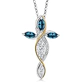 Cross Necklace For Women In 925 Silver and 10K Yellow Gold with White Moissanite and London Blue Topaz | 1.52 Cttw | Jesus Christian Religious Crucifix | Marquise 8X4MM | With 18 Inch Chain