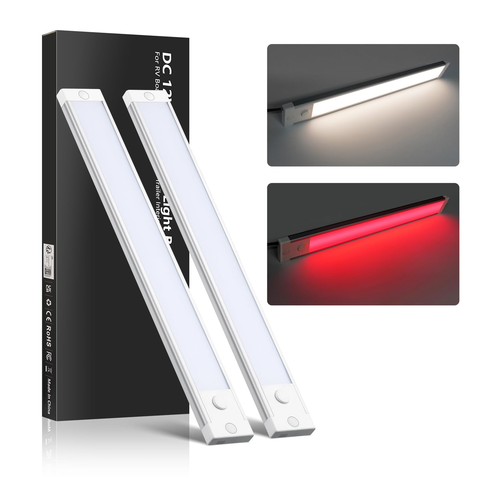 acegoo 12V Under Cabinet LED Lighting 470lm Campervan Boat Ceiling, Integral Dimmer & Red Night Light, Hard-Wired Dimmable 4,5W 305mm (4000K)