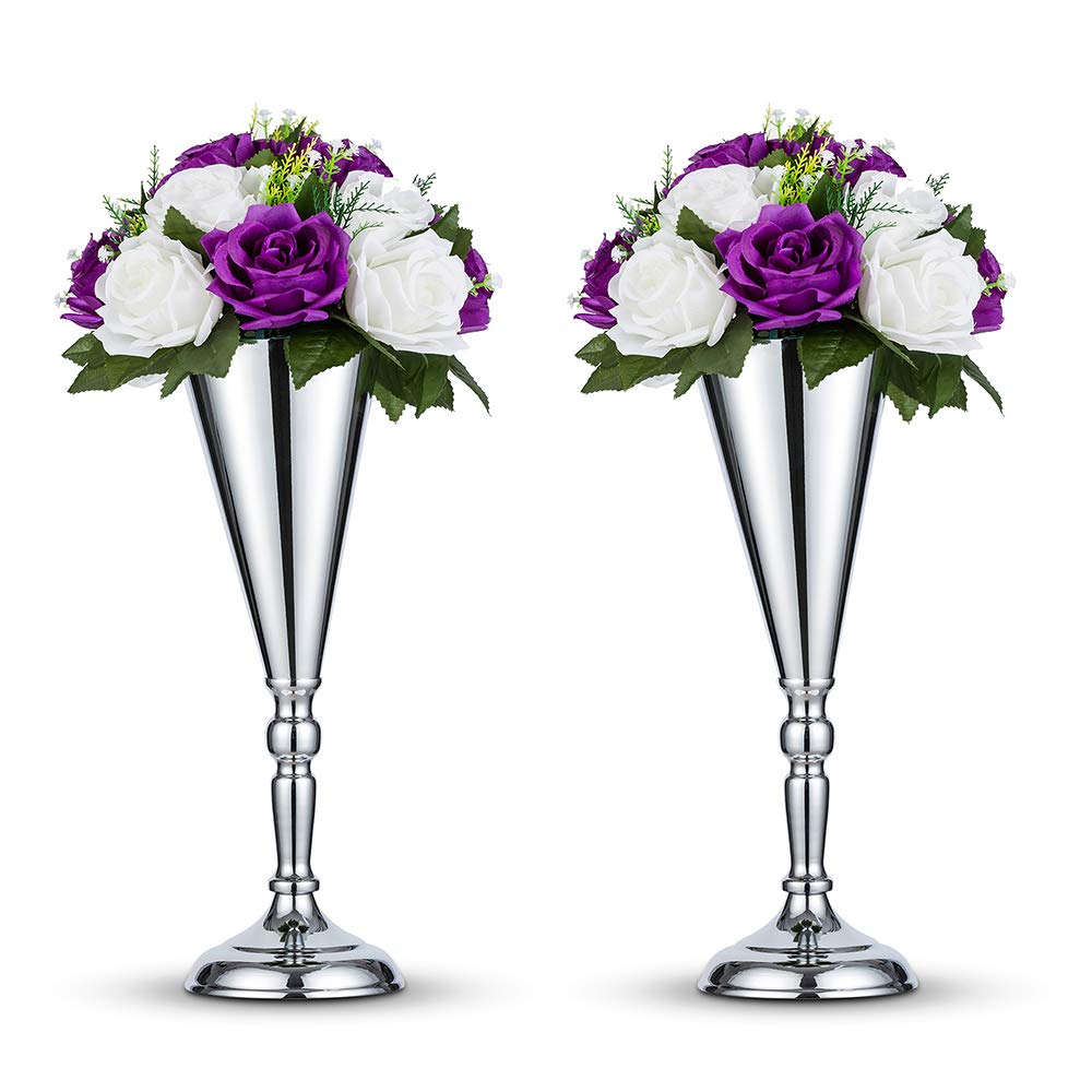 Photo 1 of 2 Pcs/ Set Tabletop Silver Metal Wedding Flower Trumpet Vase Table Decorative Centerpiece Artificial Flower Arrangements for Anniversary Ceremony Party Birthday Event Aisle Home Decoration