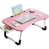 Lap Desk with Storage Drawer, Holders for Cup and Tablet for Kids and Adults, Tray Table with Foldable Legs, Laptop Bed Stand, Portable Standing Table for Sofa Couch Floor (23.6", Pink)