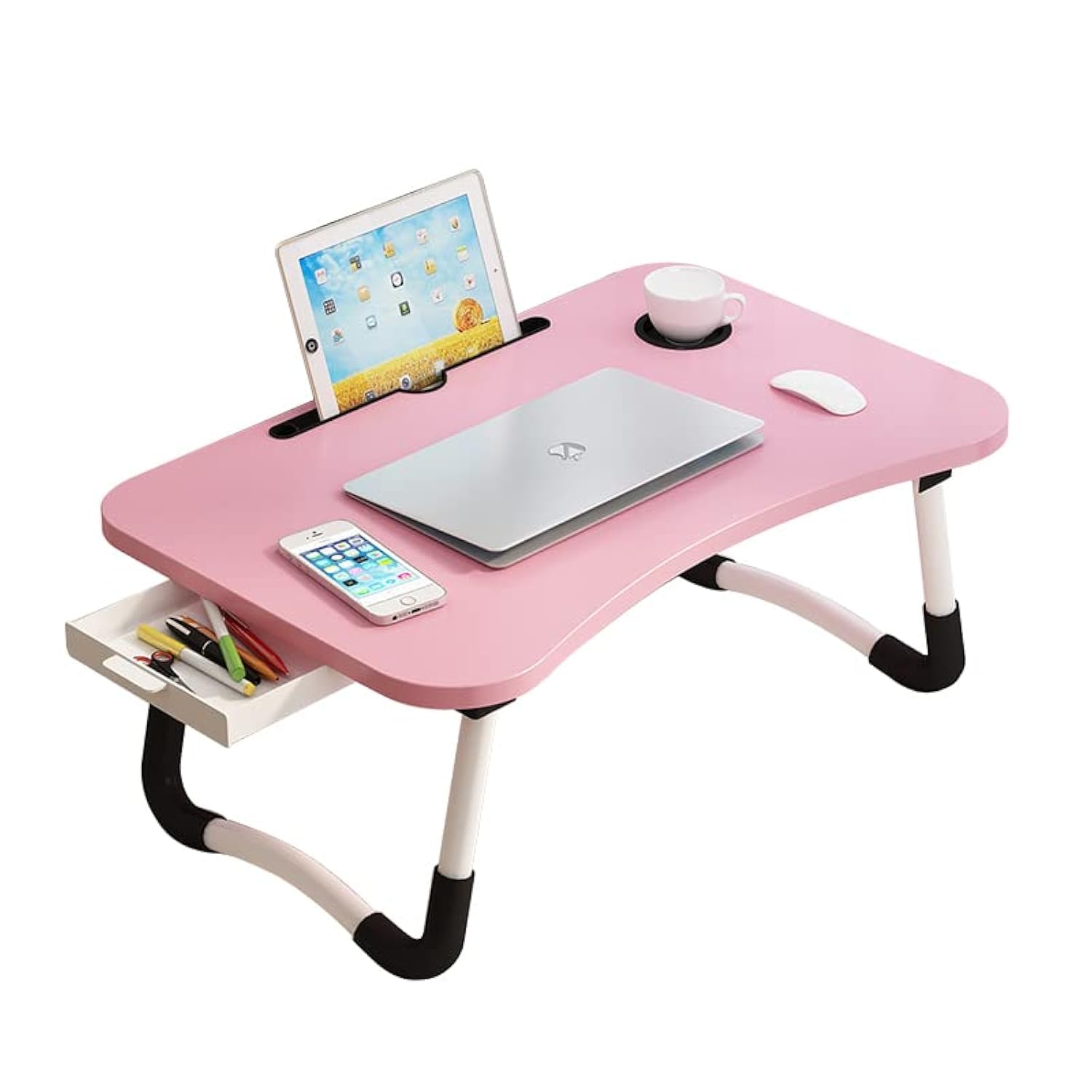 Photo 1 of ***MAJOR DAMAGE*** Lap Desk with Storage Drawer, Holders for Cup and Tablet, Tray Table with Foldable Legs, Laptop Bed Stand, Portable Standing Table for Sofa Couch Floor (23.6", Pink)