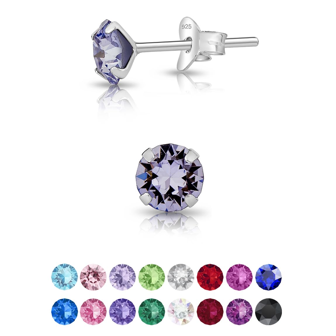 925 Sterling Silver Round SMALL Stud Earrings made with Glittering Crystals - Silver Studs Earrings for Woman - Diameter: 5 mm - Colour : Provence Lavender