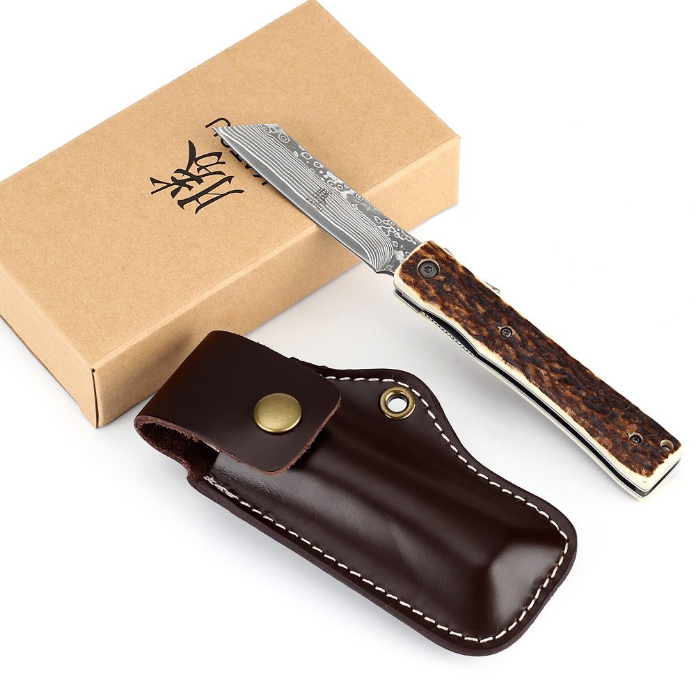 KATSU Handmade Damascus Steel Japanese Razor Pocket Folding Knife with