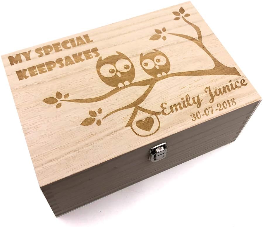Raised Words Large Wooden Personalised Owl Design Baby Memories Keepsake Box