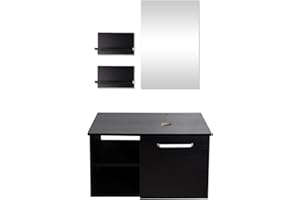 Puluomis 28-Inch Wall Mounted Bathroom Vanity, Double Wood Side Shelves with Mirror, 1-Door and 2-Shelves, Black