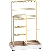 SONGMICS Jewelry Holder, Jewelry Organizer, Jewelry Display Stand with Metal Frame, Velvet Tray, Necklace Earring Bracelet Holder, for Studs, Rings, Gift Idea, Pale Gold UJJS021A01