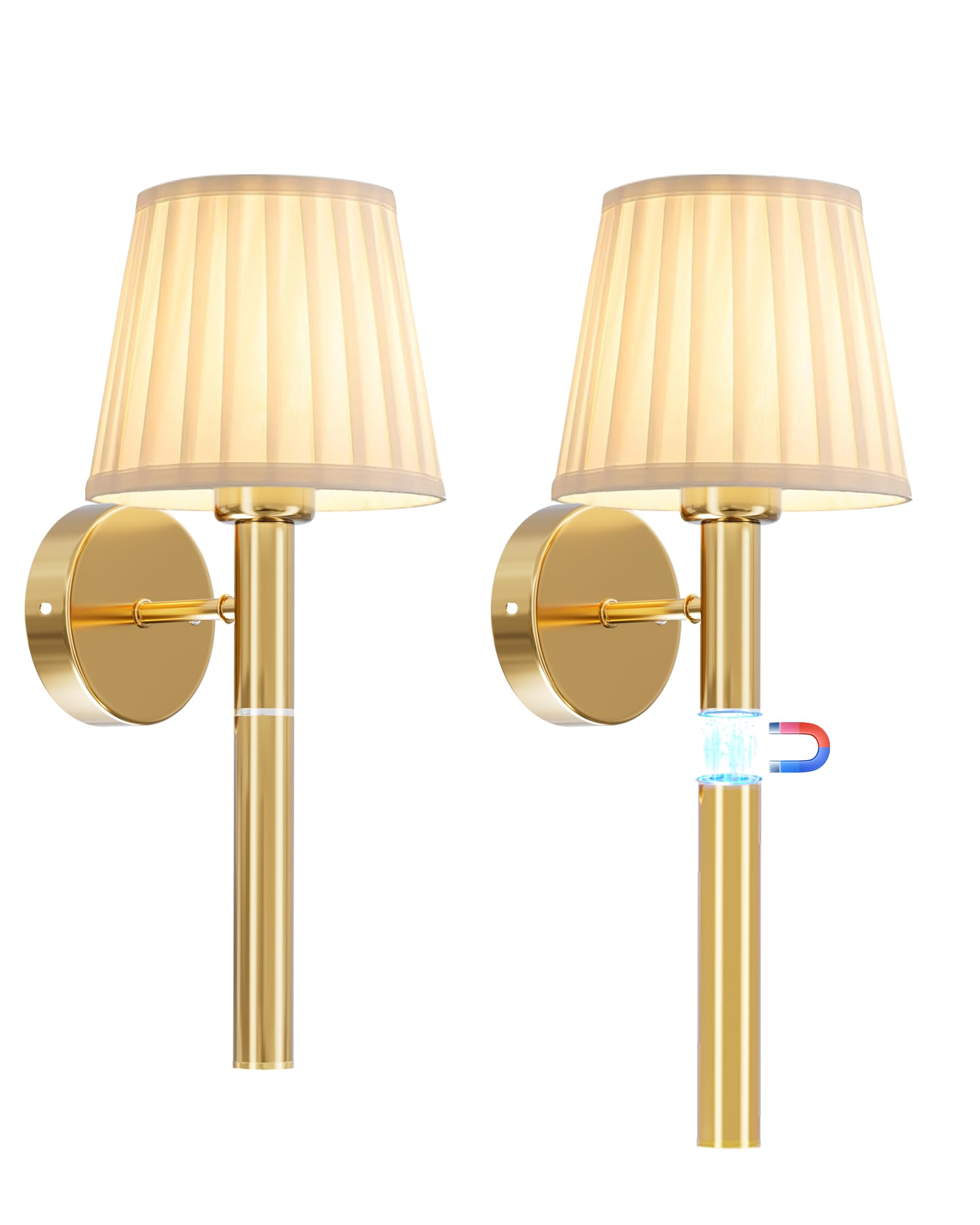 Photo 1 of Cordless Battery Operated Wall Sconces Set of 2, 5200mAh Rechargeable Wall Sconce with Magnetic Pole and Fabric Shade, Dimmable LED Wall Lamp with Remote for Living Room, Bedroom, Hallway Decor