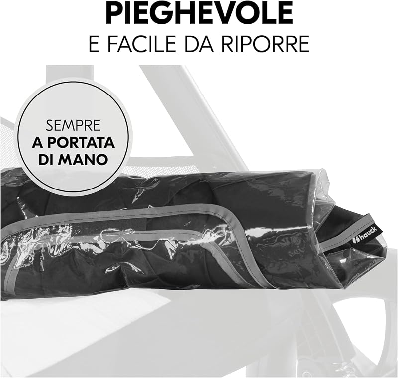 Parapioggia Passeggino Universale - 91 x 92 x 85 cm - Antipioggia Catarifrangente con Elastico, Finestrina di Accesso e Fori di Ventilazione - Facile da Fissare - Nero / Trasparente