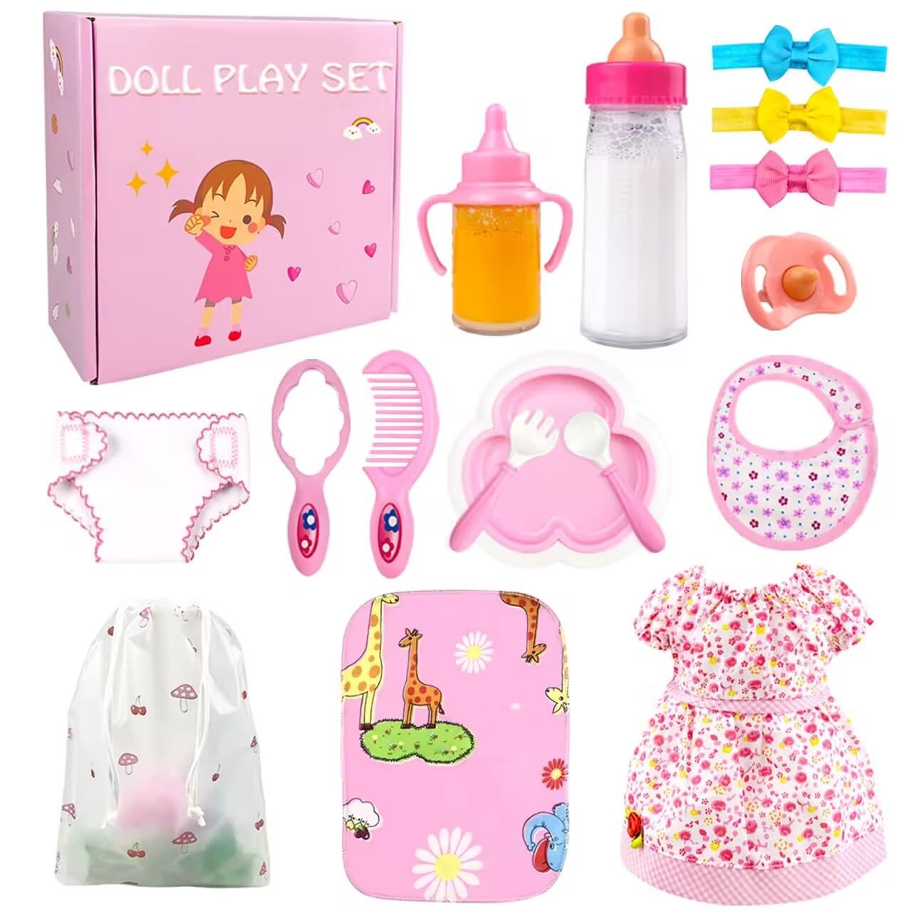BNUZEIYI Baby Doll Accessories - Feeding & Caring Set with Bottles, Diaper & Changing Mat, Clothes Fit 14-16 Inch & 18 Inch Doll, Pretend Play Set for Girls Gift
