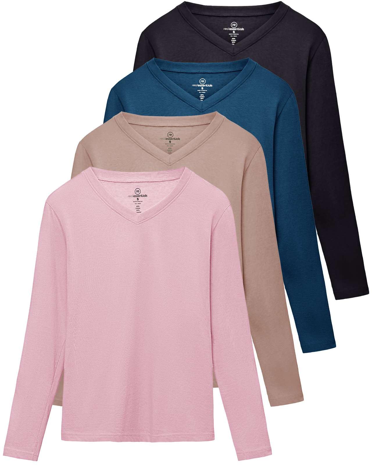 Photo 1 of **ONLY 1 TOP DARK BLUE/TURQUOIS ** Real Essentials 1 Pack Womens Tops Long Sleeve Shirts for Women Casual Lightweight Cotton Tee V Neck Loose Fit Workout Lounge Blouses Tshirts Active Clothes Soft Ladies Layering T Shirt Top, navy
