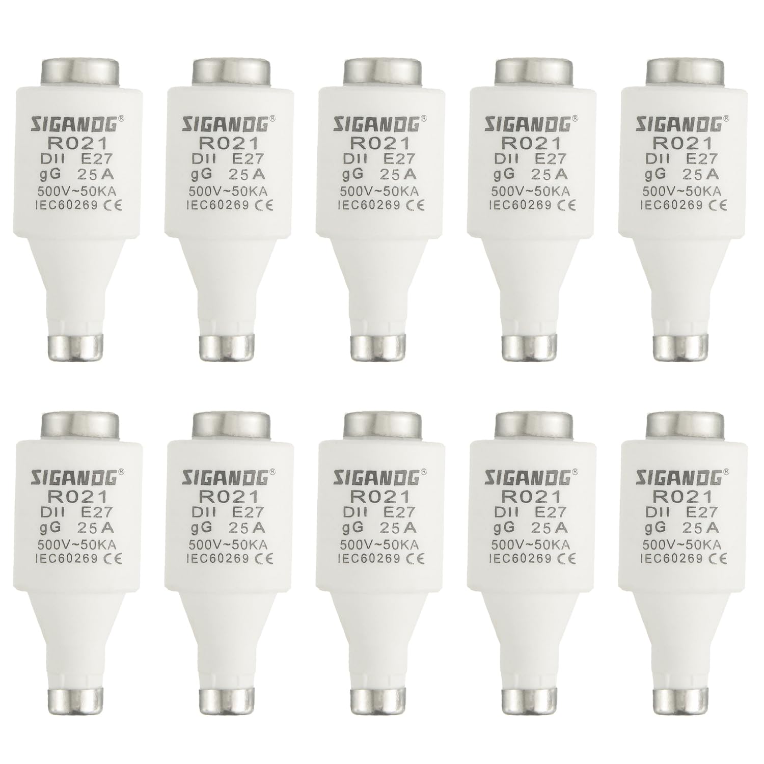 SIGANDG 25A DII E27 R021 Spiral Ceramic Fuses gG Diazed Fuse Links 500VAC for Cable and Line Protection (Pack of 10)