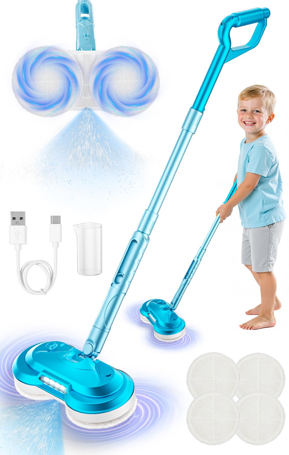 Photo 1 of BLAXTEM Kids Electric Spray Spin Mop Toy, Rechargeable Cordless Electric Mop W/ LED Headlight & Water Sprayer for Children Ages 3 4 5 6+ Boys & Girls, Cleaning Toy for Pretend Play (Light Blue)