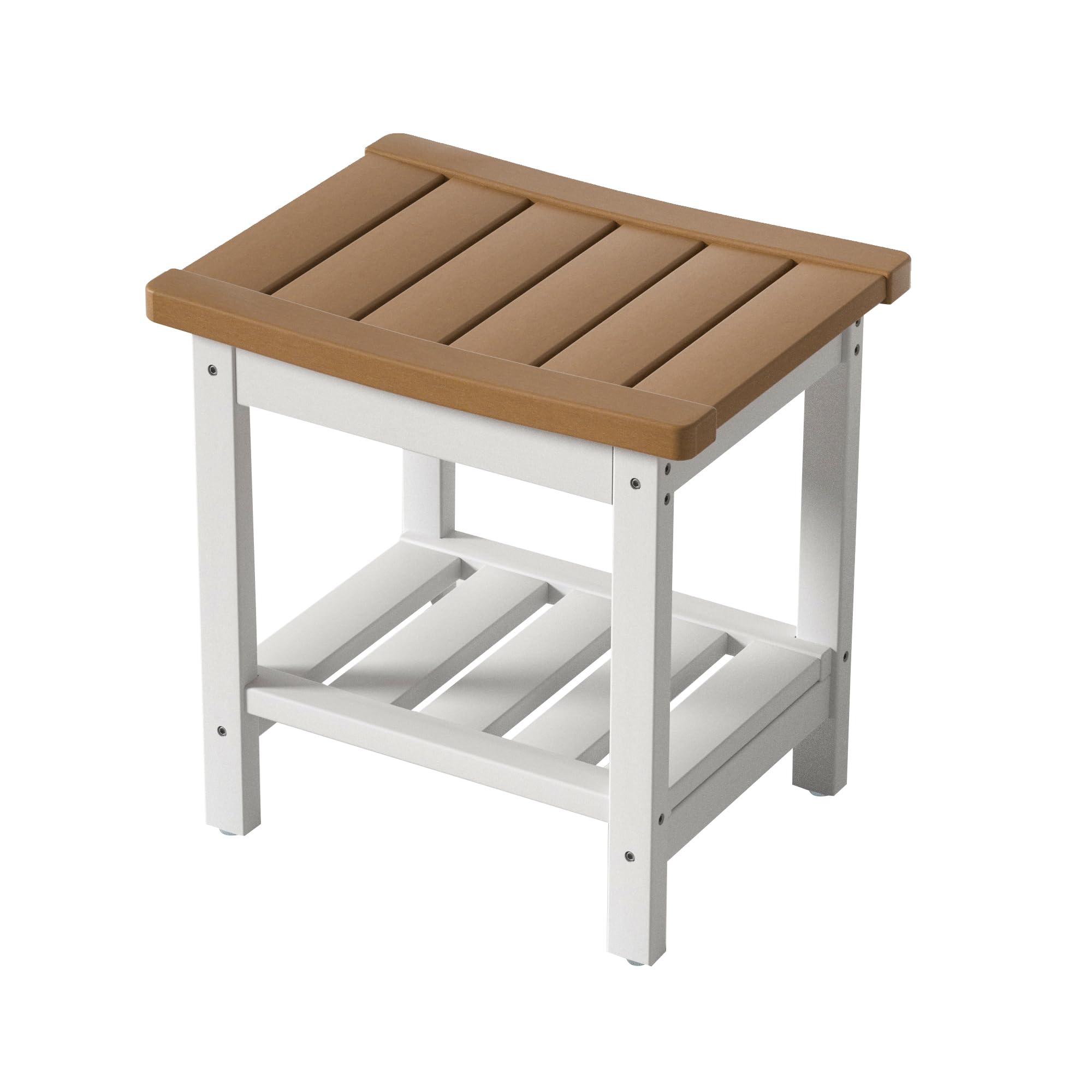 Photo 1 of Zoopolyn HDPE Shower Bench Seat Waterproof Poly Shower Stool Chair for Inside Shower with Storage Shelf for Bathroom Indoor Outdoor Use Teak and White