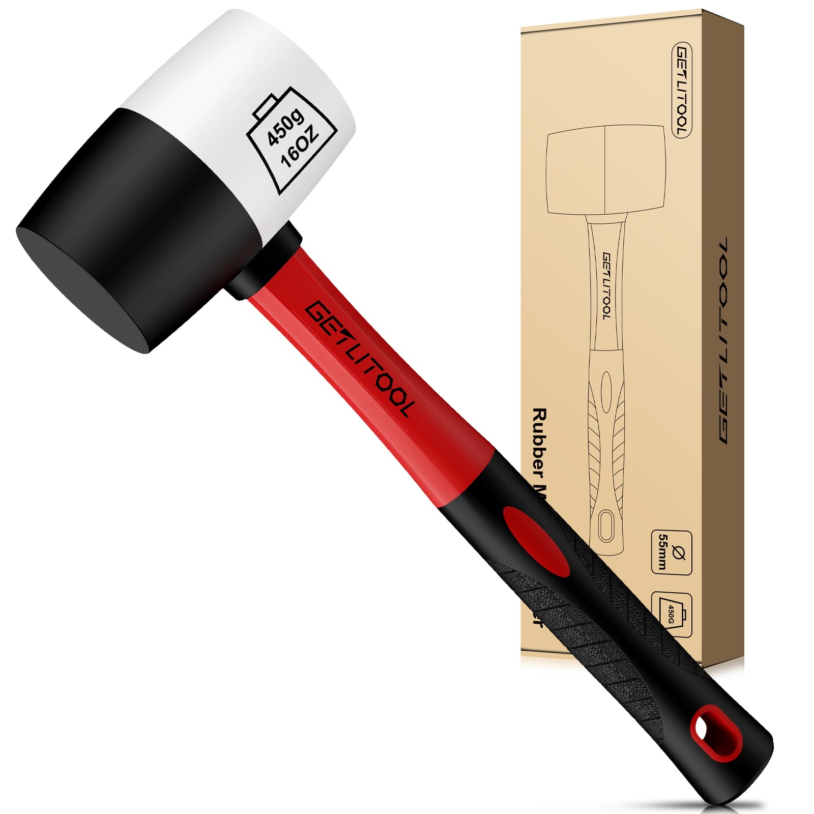 GETLITOOL Rubber Mallet 16oz, Non-Marking Black/White Two-Sided Hammer with Fiberglass Handle, 55mm Head for Flooring, Tile Installation, Woodworking, Camping, Tools for Men